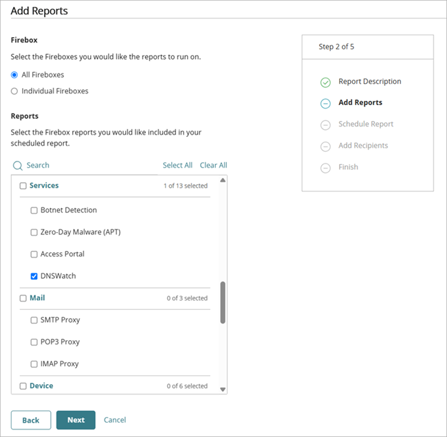 Screenshot of the Add Reports page in the Add a Scheduled Report Wizard, step 2